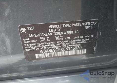 2016 BMW 328I from USA, damaged, VIN WBA8E9G5XGNT46920